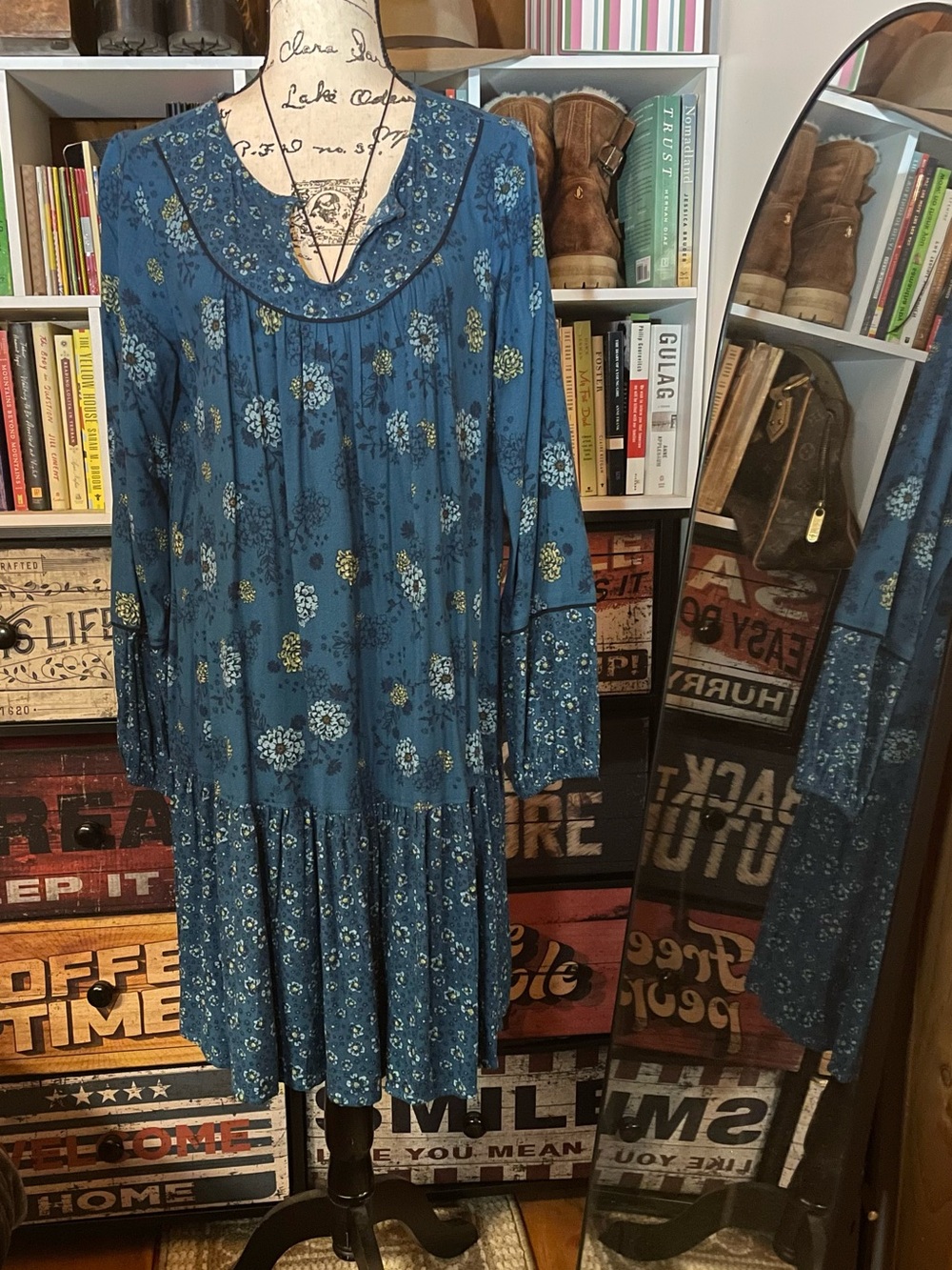 Sonoma Pretty Blue Floral Long-Sleeve Boho Dress